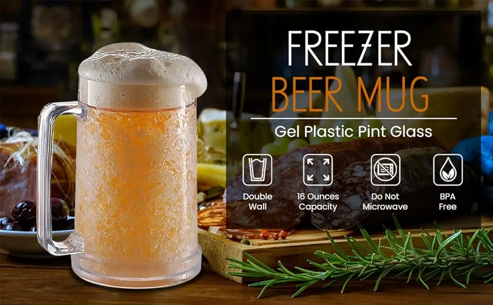 Description Picture 2 of itemFreezer Beer Mug, Double Wall, Insulated Gel Plastic Pint Freezable Glass, 16oz, Chiller Frosty Cup, Frozen Ice Mug, Freezer Cup