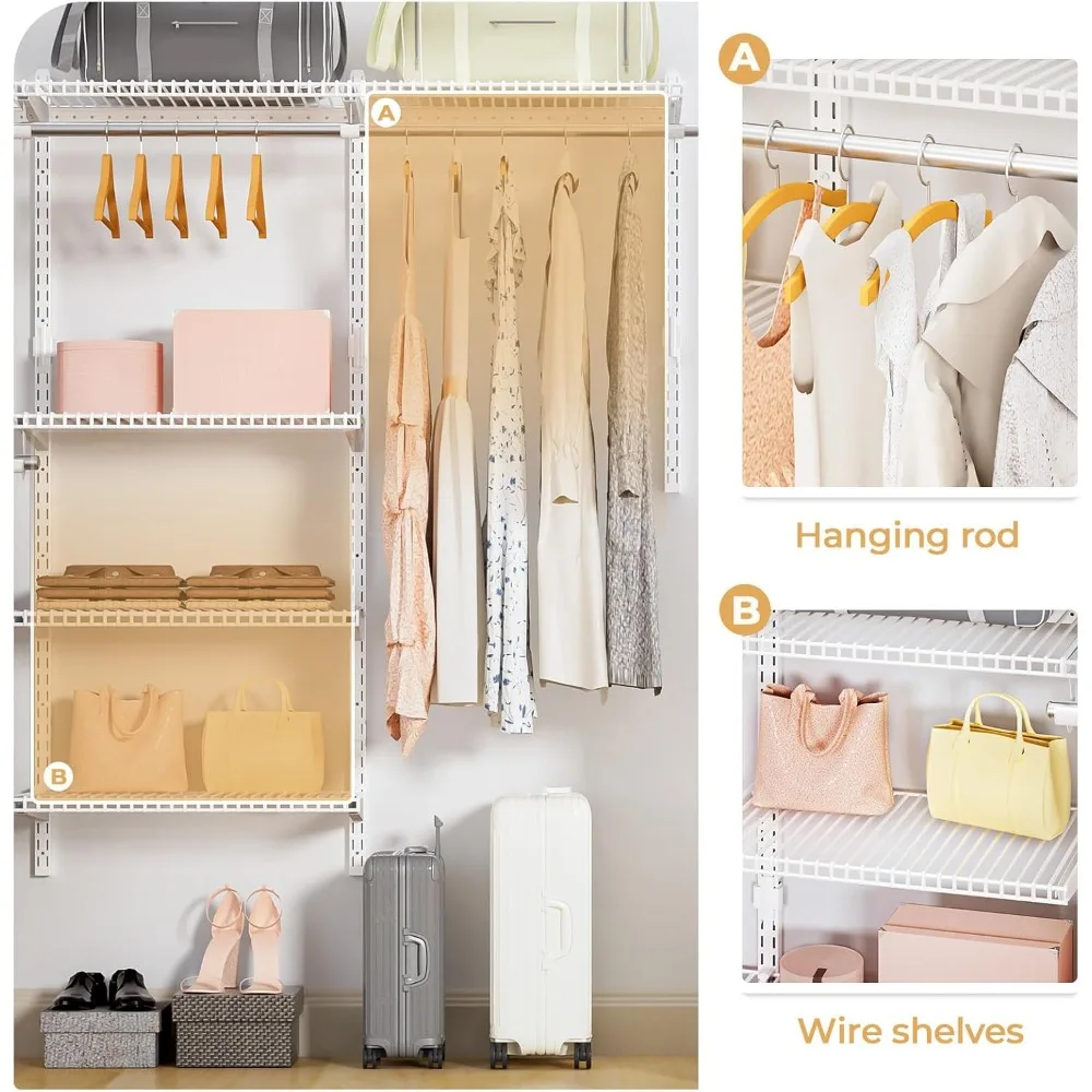 wire closet organizer system, wall mounted 6.5 ft. custom closet kit for bedrooms, adjustable storage shelves for clothes, shoes