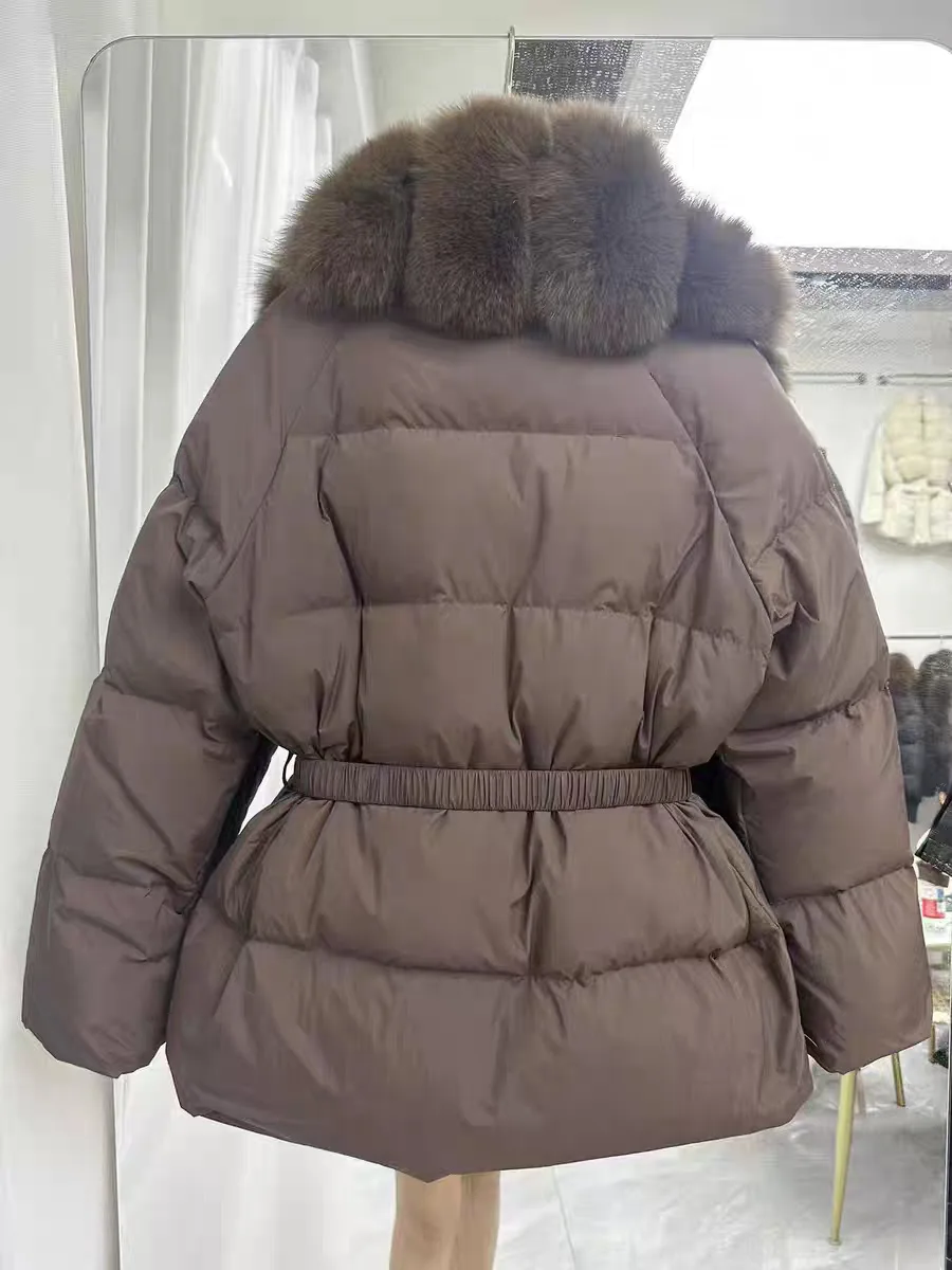 Winter High End Natural Large Fur Collar Down Jacket Women White Duck Down with Belt Outwears Female Solid Thicken Warm Jackets