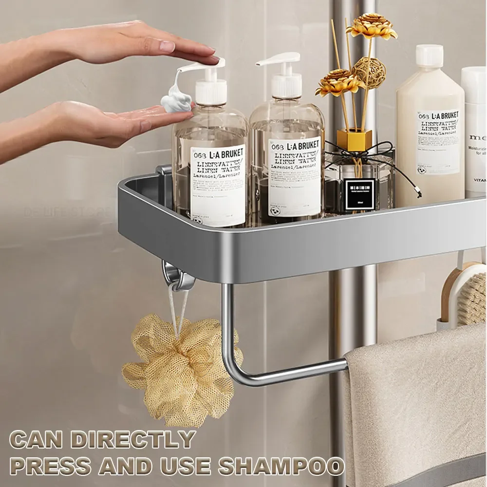 Aluminum Shower Shelf with Towel Rack Bathroom Shelf Without Drilling Soap Shampoo Holder Shower Tray Bathroom Organizer 5