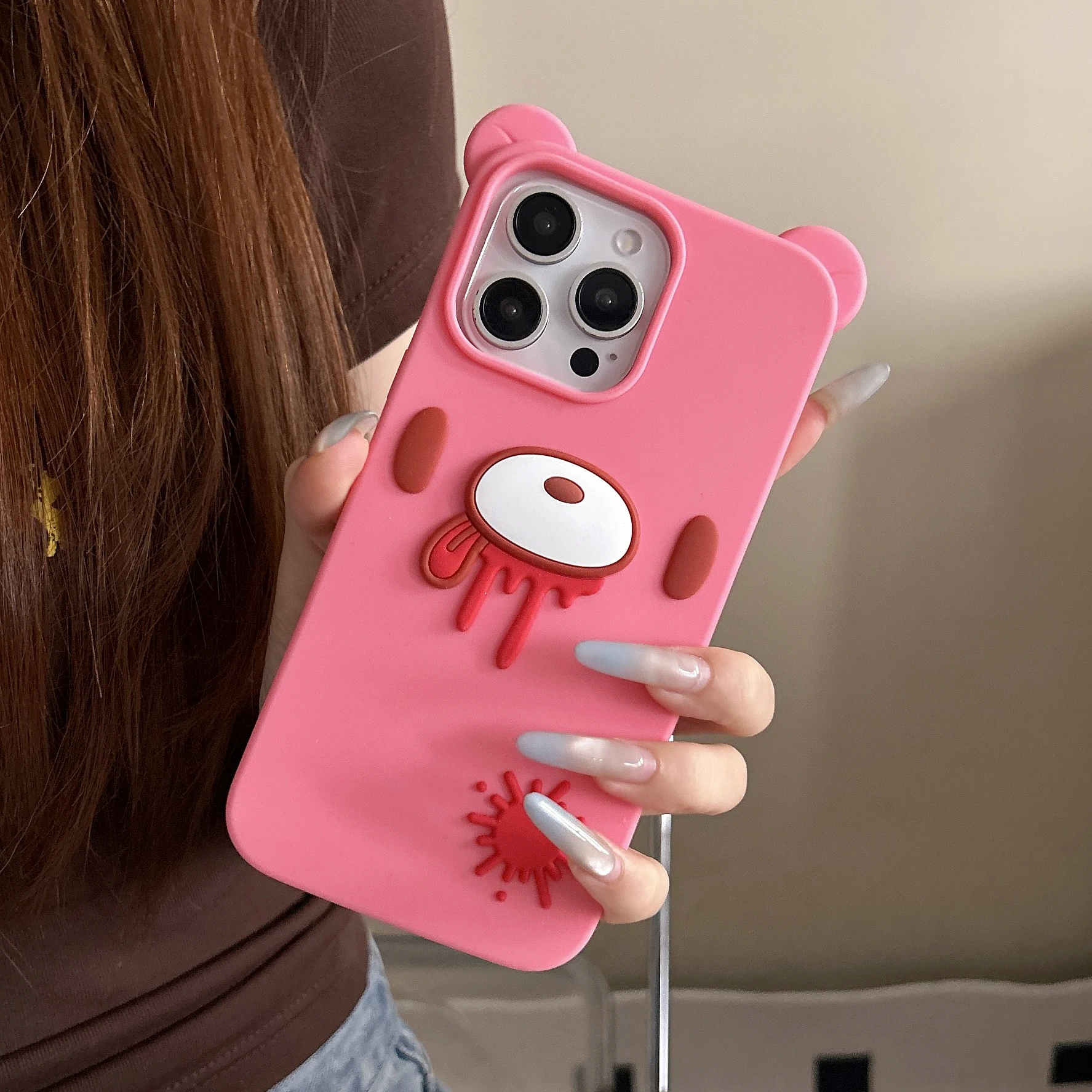 3D Cartoon Cute Gothic Bear Phone Case - Unique Bloody Design, Soft Silicone Cover