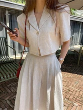  Women's Summer Vintage Cotton Linen Skirt 2 Two Piece Sets Outfits Female Short Sleeve Blazer Suits with High Waist Long Skirts 