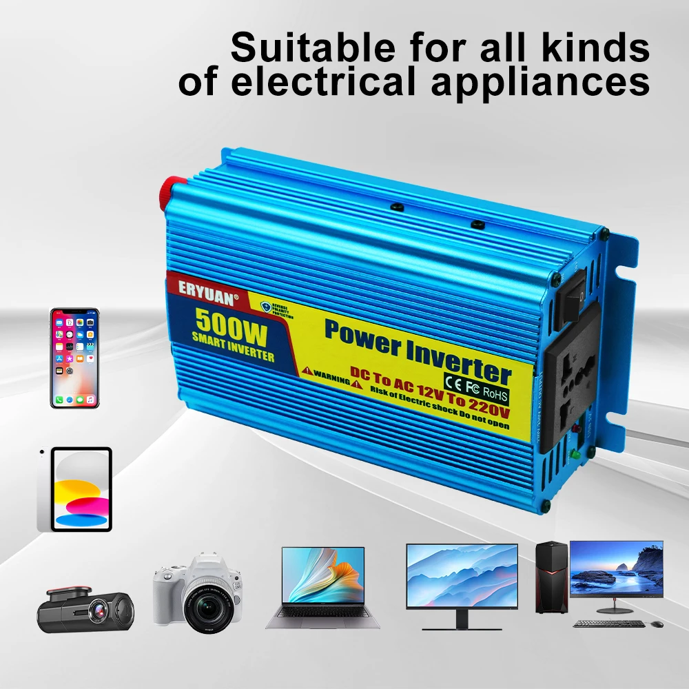 500W 자동차 전원 인버터 배터리 변환기 SUV RV 트럭 트레일러 자동 전원 공급 장치 인버터 DC 12V에서 AC 220V 다기능