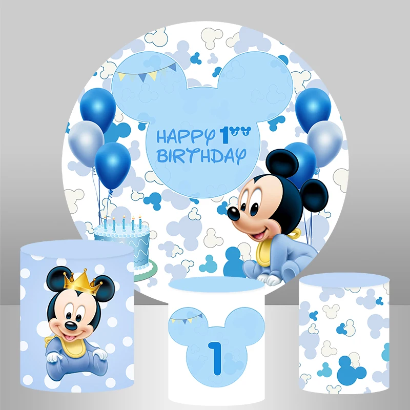 Baby Blue Mickey Mouse Round Backdrop Cover Balloonss Cake Little Boys 1st Birthday Party Circle Background Cylinder Covers