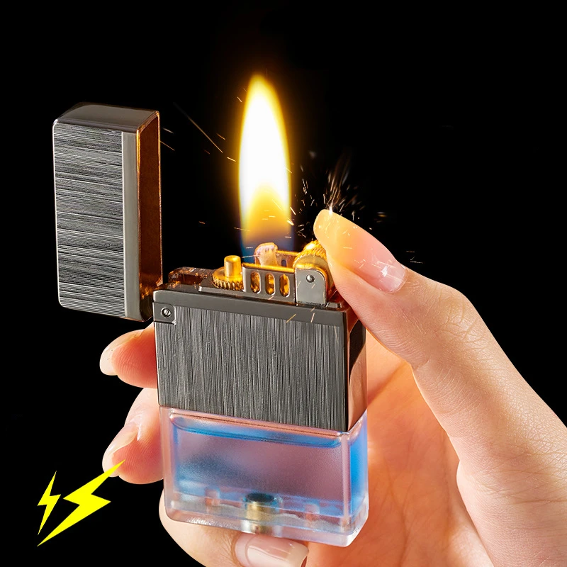 

New Vintage Metal Transparent Tank Kerosene Lighter Fashion Windproof Old Wheel Open Fire Lighter Creative Men's Gift