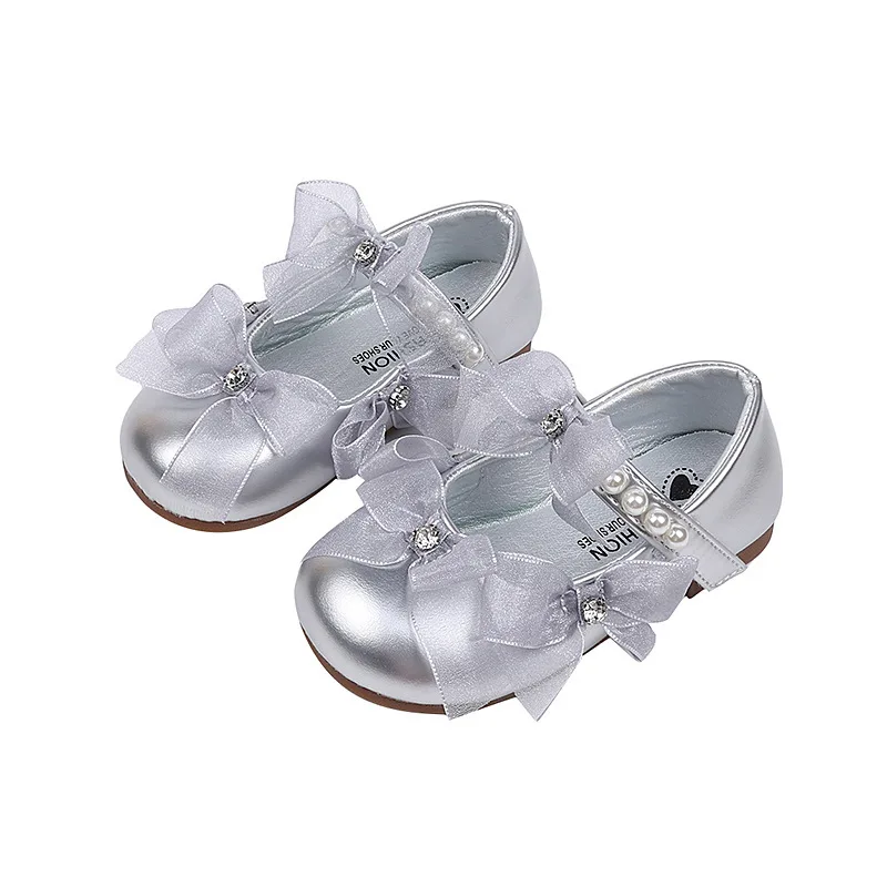 Spring Autumn Sweet Girls' Flat Shoes Elegant Lace Bowknot Kids Leather Shoes Fashion Wedding Party Children's Princess Shoes