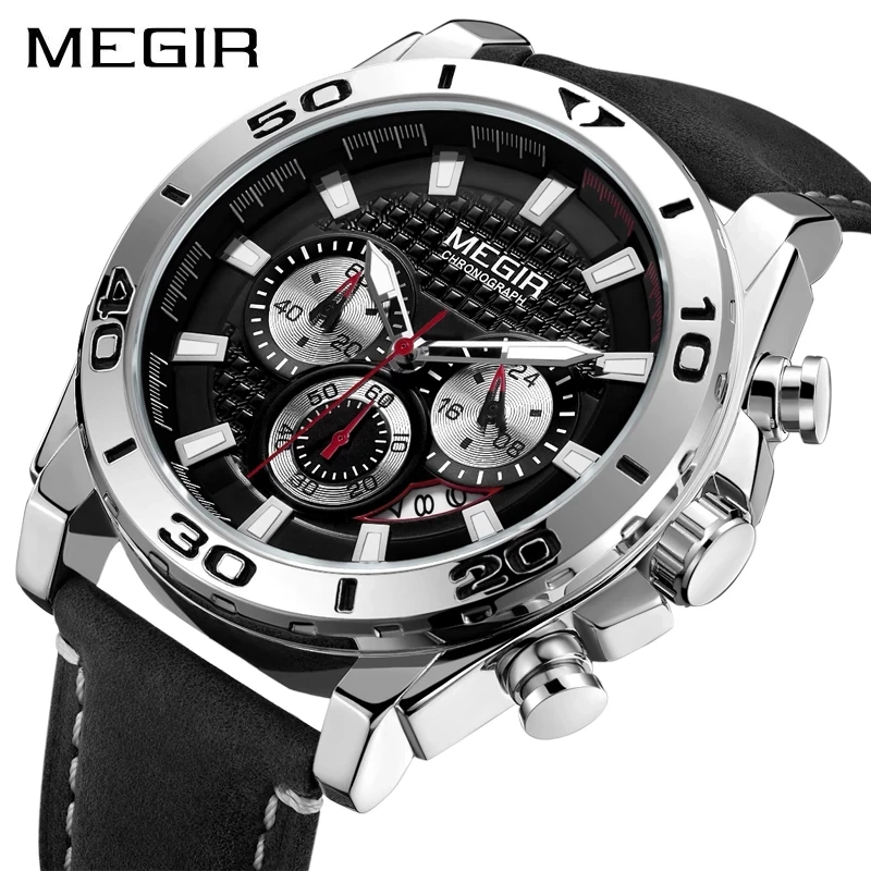 MEGIR New Sports Quartz Watch for Men Leather Waterproof Calendar Chronograph Watches Men Luminous Hands Clock Relogio Masculino