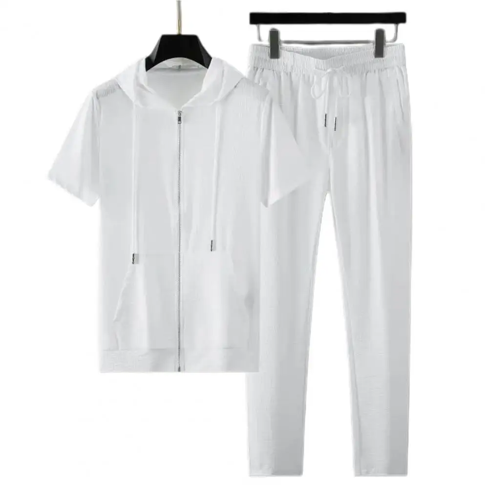 

Men Sports Suit Hat Solid Color Wear Resistant Soft Fabric Straight Pants Hoodie Trousers Set T-shirt Pants Set Zipper