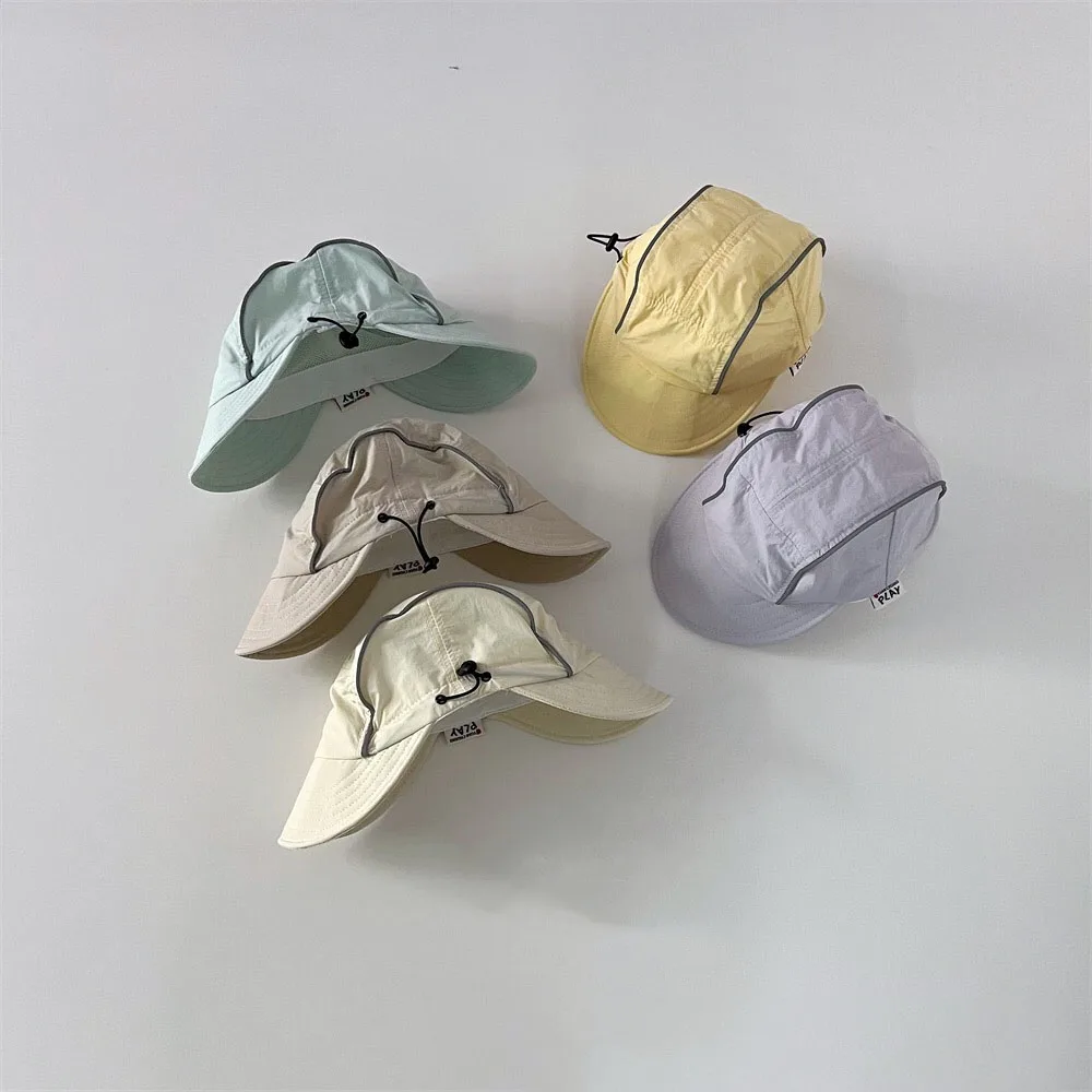 Double Brim Kids Sun Hat UV Protection Caps Korea Double-sided Children Neck Protection Sunscreen Hat Girls Boys Beach Caps summer baby bucket hat double sided beach sun hats breathable cartoon dinosaur children fisherman cap boys girls uv protection