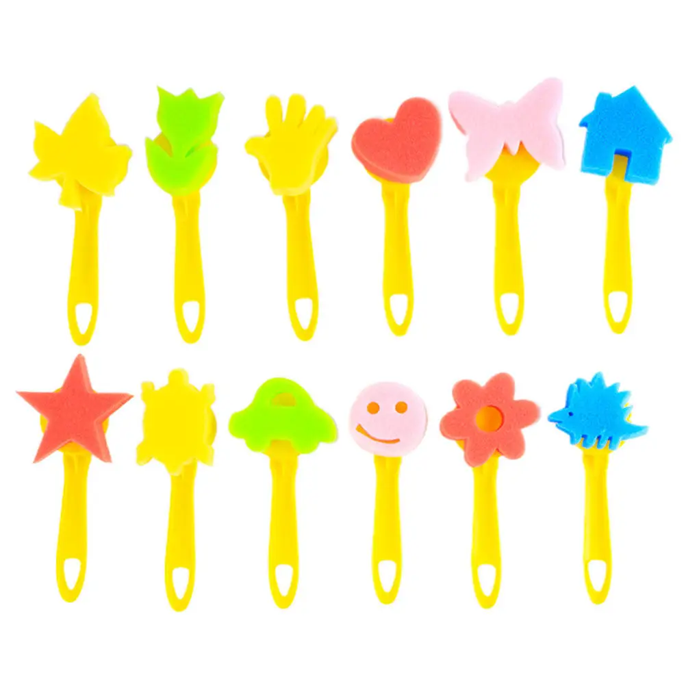 12Pcs 어린이 스폰지 스탬프 브러쉬 세트 창의적인 놀이를위한 안전한 친환경 드로잉 도구 그림 표면 벽 바닥 교육용