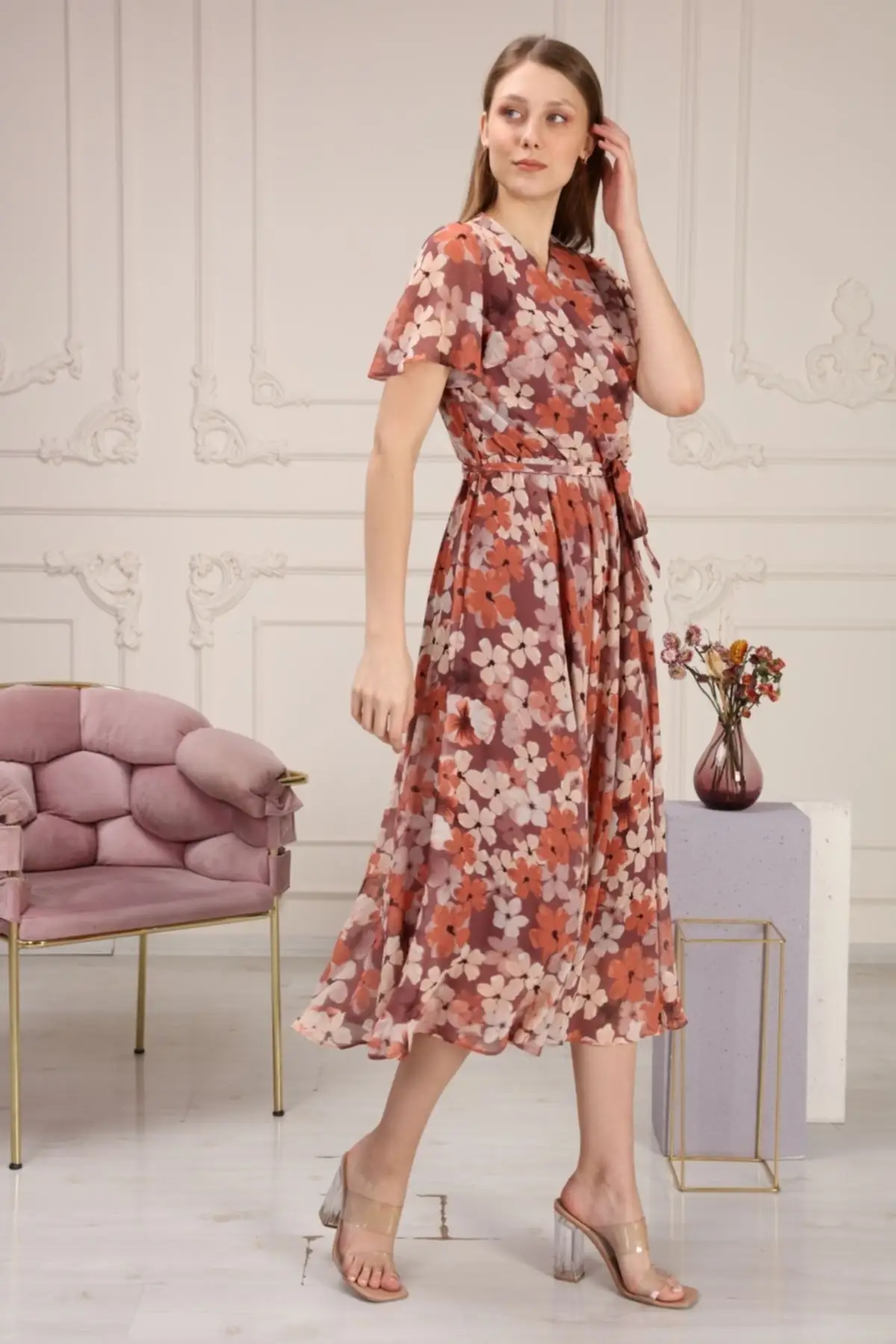 

Flower Patterned Chiffon Dress Orange Clothing