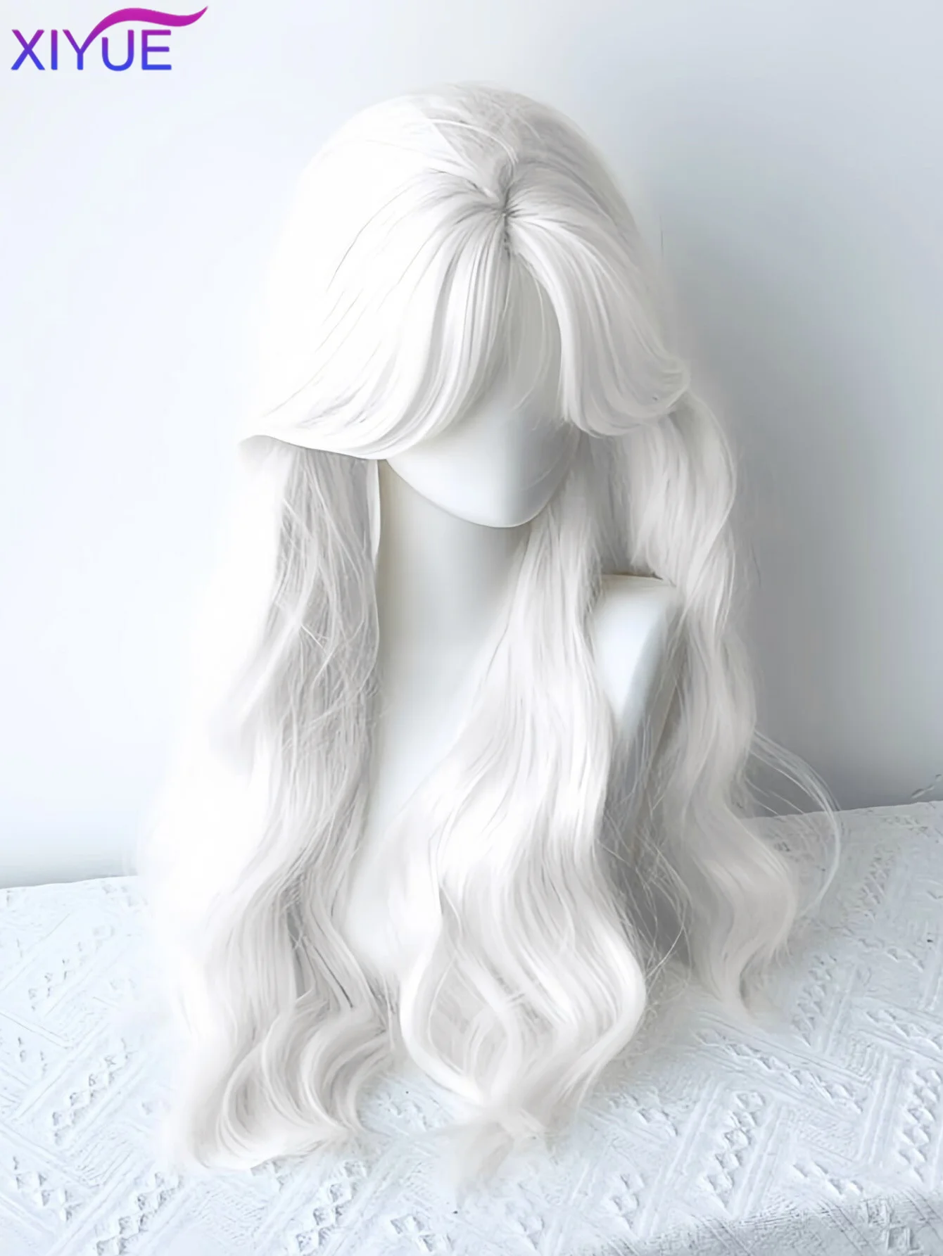 Long Water Wave Wig with Bangs White Colorful Cosplay Silky Wig for Women Daily Party Natural Soft Synthetic Hair Heat Resistant