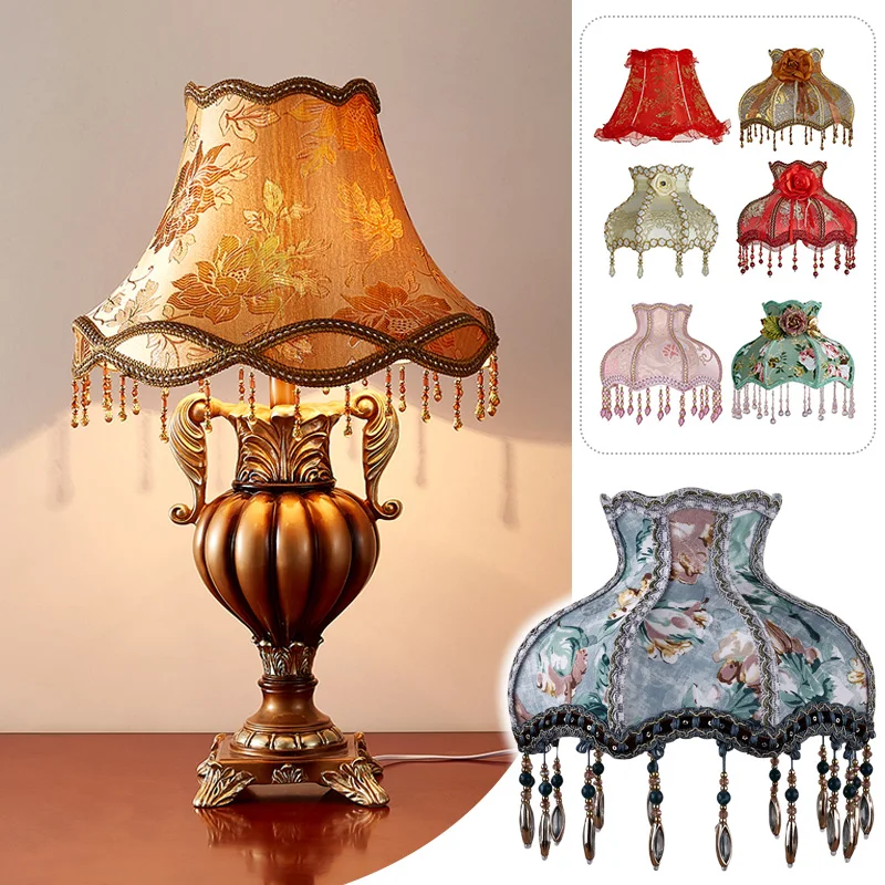 Vintage European Cloth Lamp Shade With Tassels & Bead Lace - 12.6x12.2 Inch, Retro Table Lamp Cover