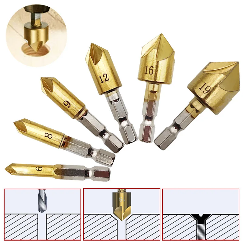 

3/6pcs Countersink Drill Bit Set 1/4'' Hex Shank HSS 5 Flute Countersink 90 Degree Wood Chamfering Cutter 6mm-19mm Wood Drilling