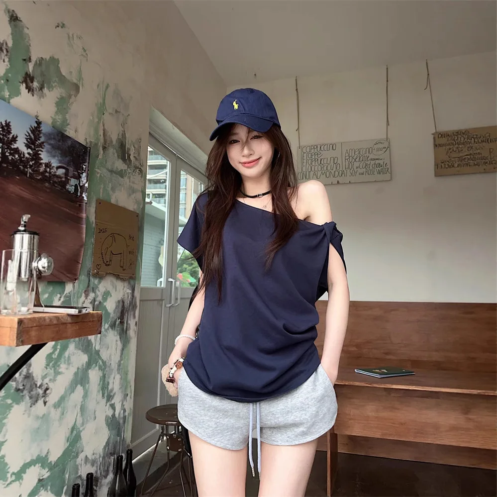 Women Round Collar Short Sleeve Y2K School T-shirt