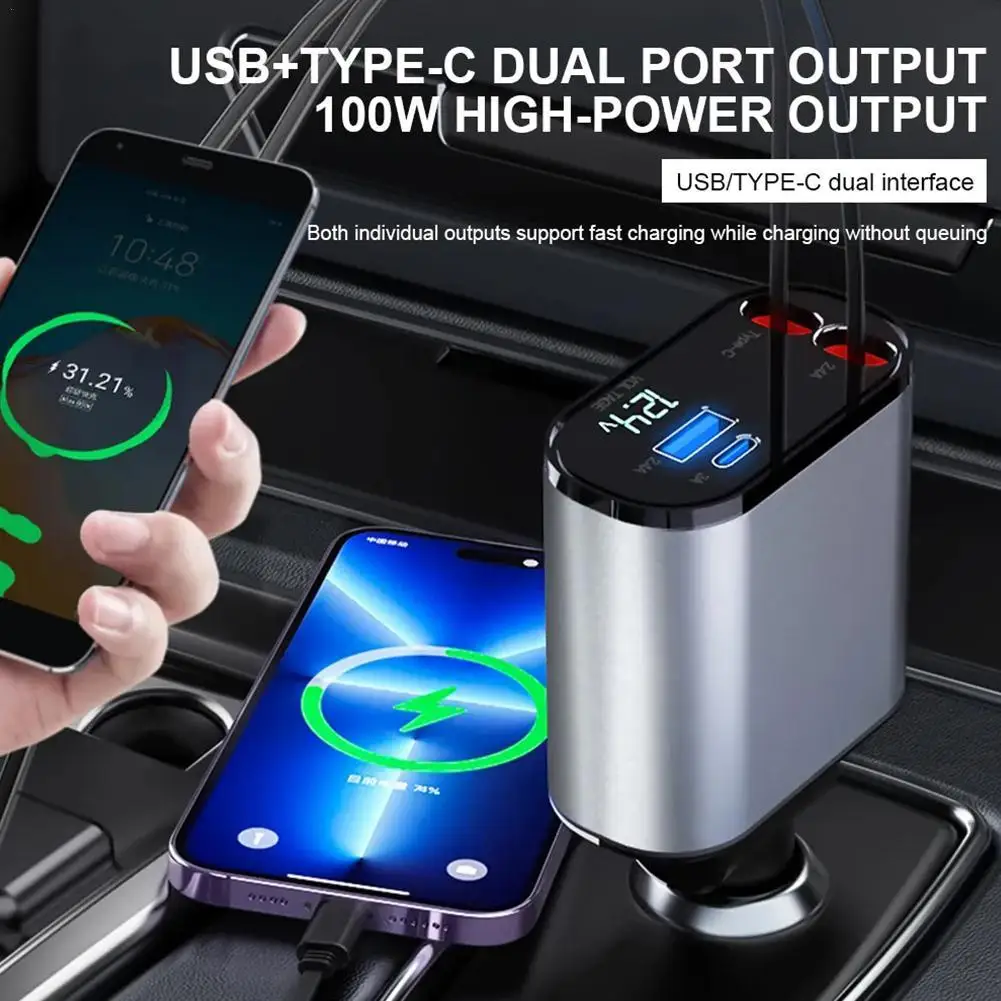 

100W Retractable Car Charger with 4-in-1 USB Cable - Fast Charging Cord for iPhone, Huawei, Samsung - Cigarette Lighter Adapter