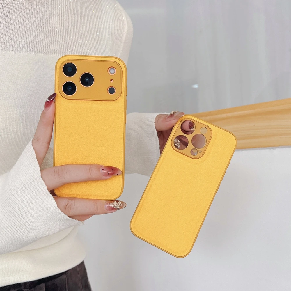 Amber Yellow Lychee Pattern Leather Phone Case with Classic Embossing Design