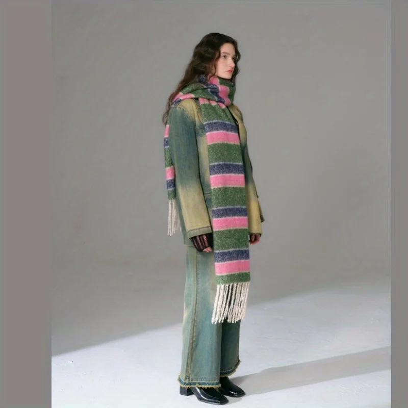 Warm and Soft Stripe Fringe Scarf for Women, Perfect for Autumn Winter, as Oneself Friends Family Gifts, Rainbow-Stripe