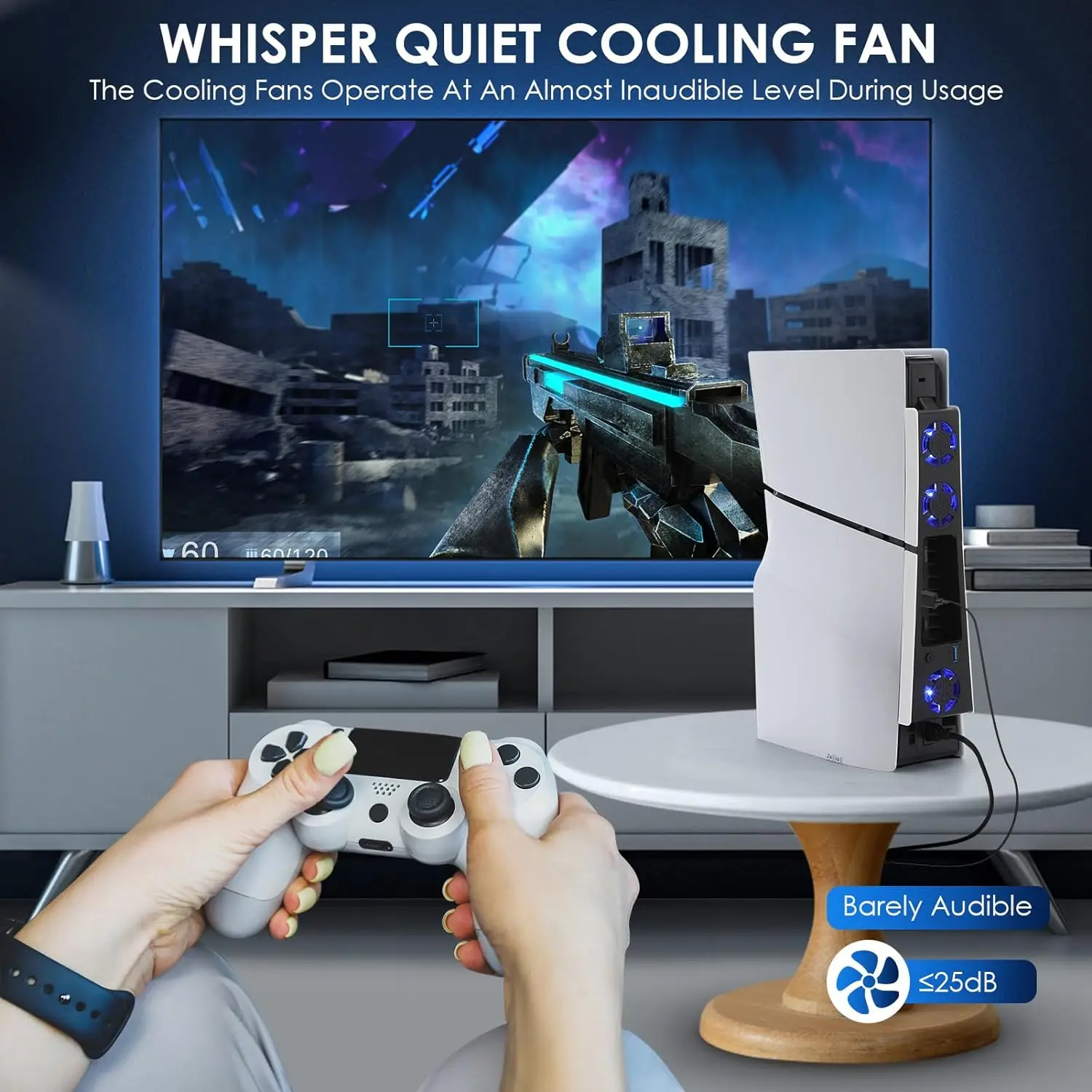 조명이 있는 조용한 냉각 선풍기 스테이션, PS5 슬림 게임용 액세서리, USB 3.0 허브 포트 냉각 시스템