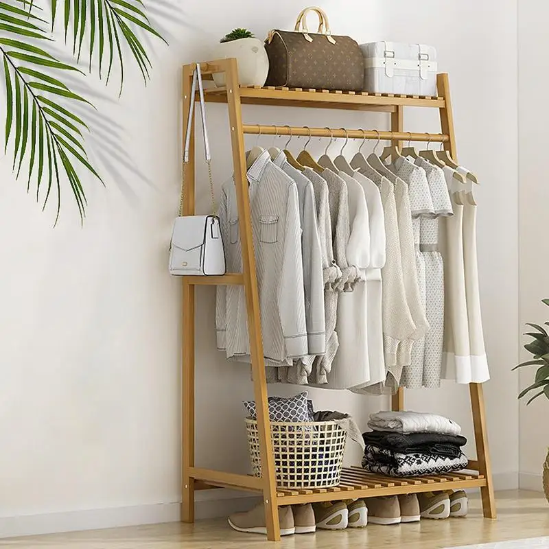 Wooden Garment Coat Clothes Hanging Heavy Duty Rack with top shelf and 2-tier Shoe Clothing Storage Organizer Shelves 3