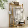 Wooden Garment Coat Clothes Hanging Heavy Duty Rack with top shelf and 2-tier Shoe Clothing Storage Organizer Shelves 3