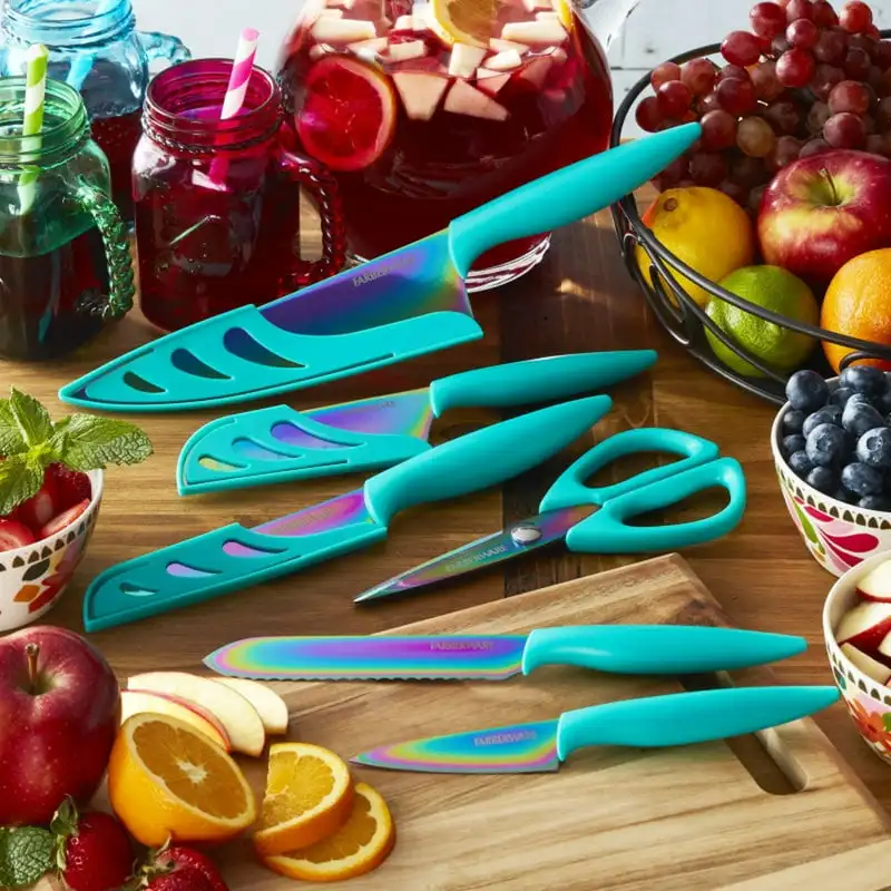 

Rainbow Iridescent Blades with Teal Handles and Sheath Cutlery Set
