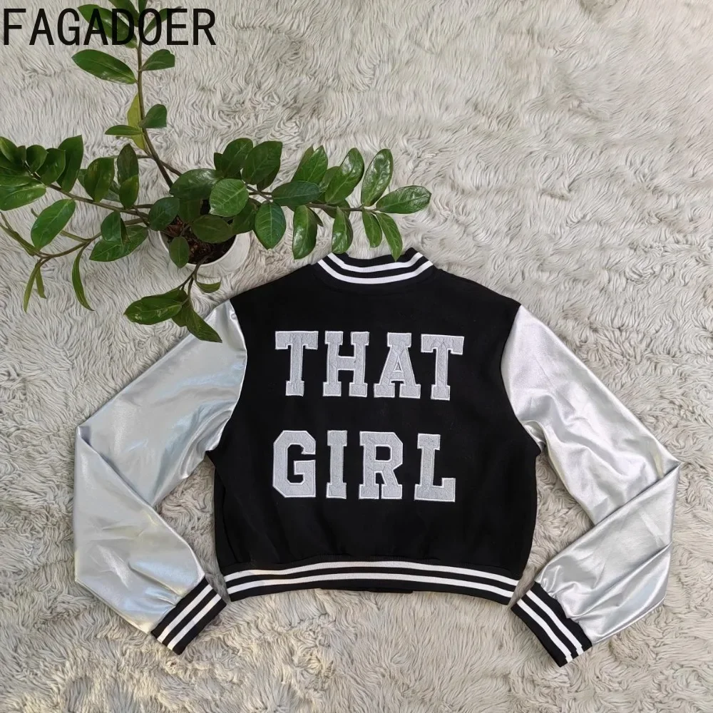 FAGADOER Fashion Letter Embroidery Patchwork Baseball Jacket Casual Button Long Sleeve Crop Coat Female Matching Streetwear 2023
