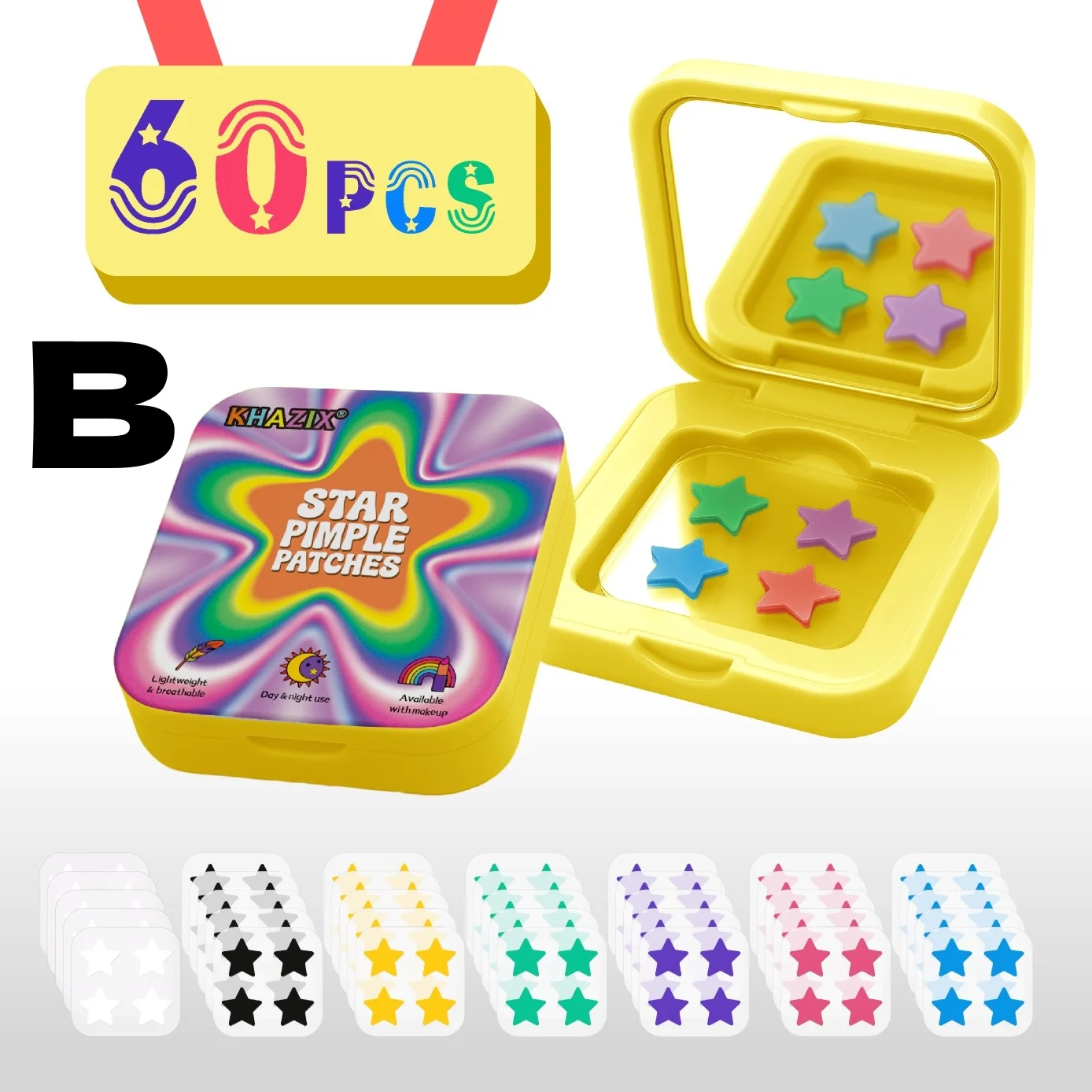60pcs multi-color star acne patches come with a makeup mirror. Carry it with you at any time to touch up your makeup. Colorful s