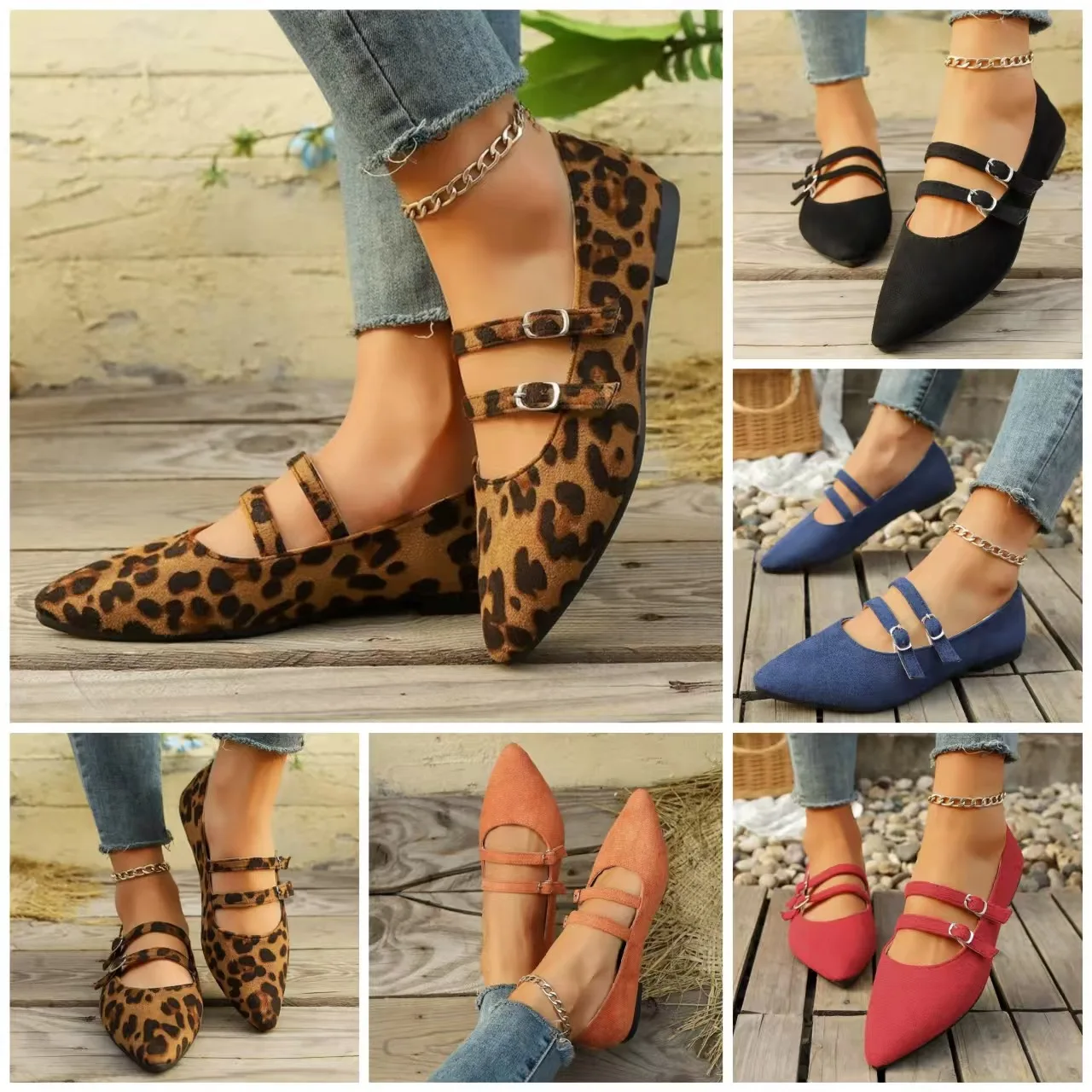 Elegant Ballet Flats Women Autumn Shallow Pointed Toe Loafers Casual Buckle Leopard Mary Jane Flat Shoes Women Zapatos De Mujer