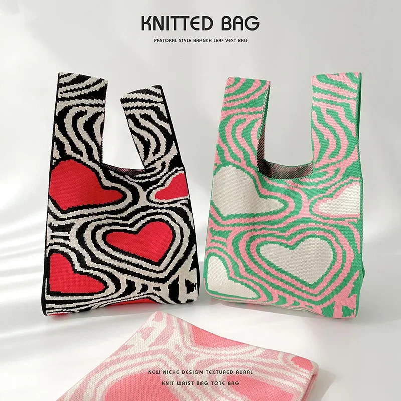 T-shirt bag, vest bag, trendy knit, contrasting heart, one-shoulder tote, handbag, versatile, large-capacity tote bag