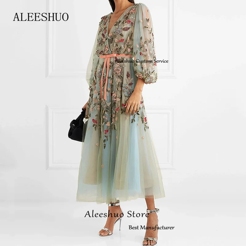 Aleeshuo-vestido de fiesta de tul con corte en A, prenda de manga larga, plisado, apliques, Formal, con cuello en V, hasta el tobillo