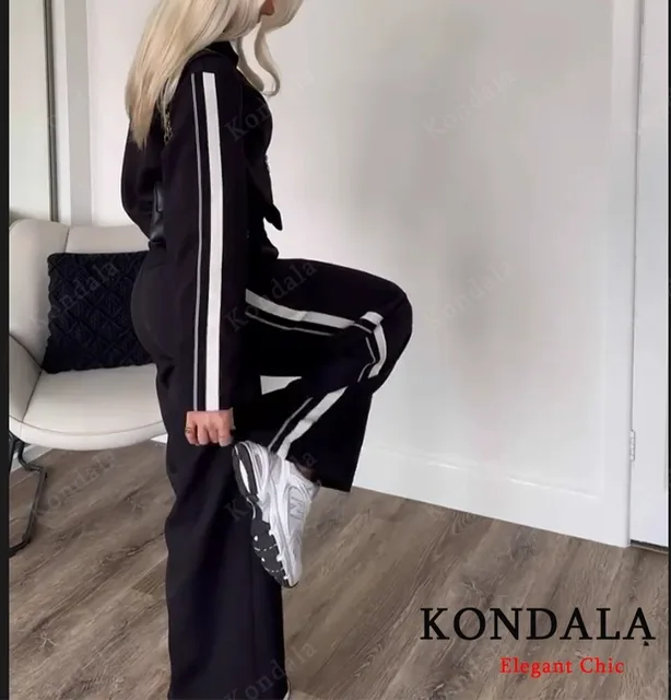 KONDALA Women Casual Pant Set Side Stripe Jacket  Zipper Jacket Wide Leg Pant 2 Pieces Set 2025 Spring Autumn Fashion Women Suit 2