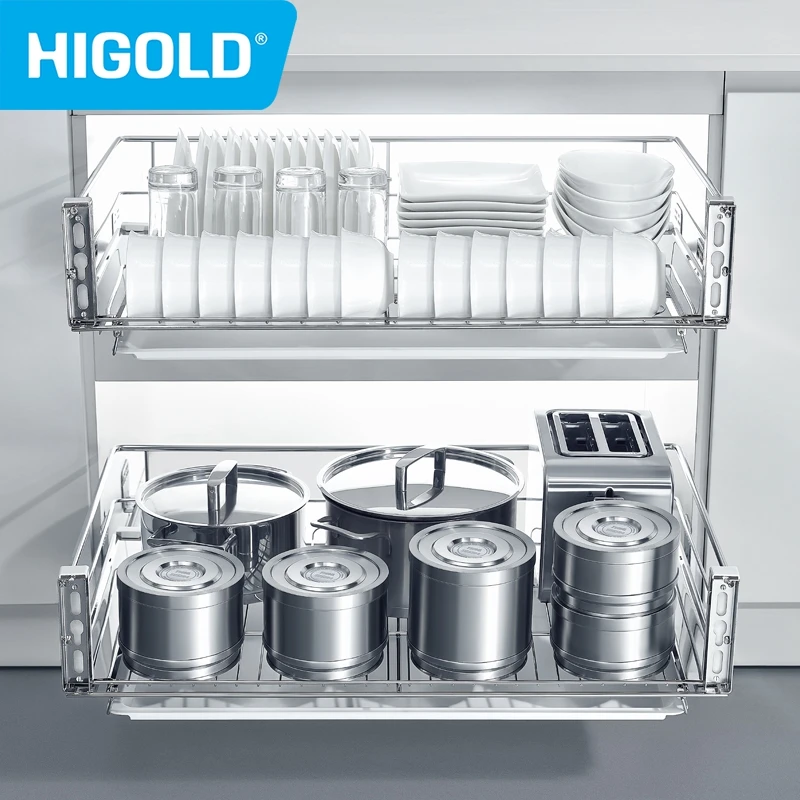 HIGOLD Fashion Series Pull Basket Cabinet 304 Stainless Steel Linear Basket Double layer Multifunctional