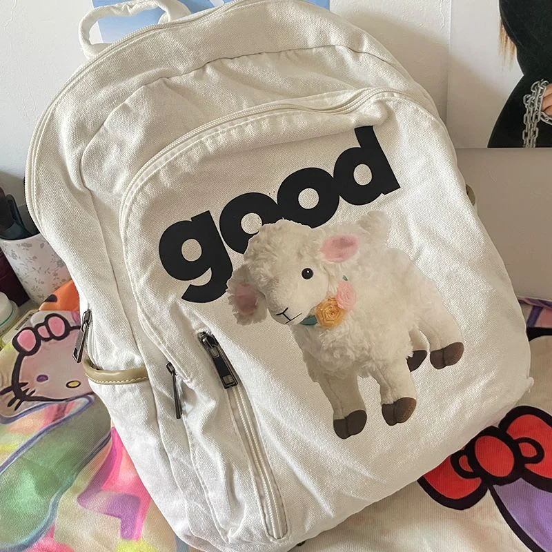 

Y2k White Canvas Backpacks for Women Cute Lamb Print Japanese Style Harajuku Backpacks Cartoon Designer Luxury Students Bag