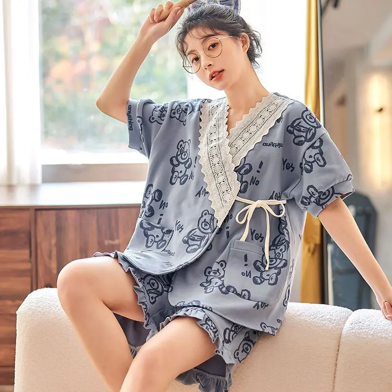 

Summer Japanese Kimono Short Sleeve Cotton Pajamas Women Shorts Kawaii Clothing Loungewear Loose Pajama Sets Nightwear Mujer