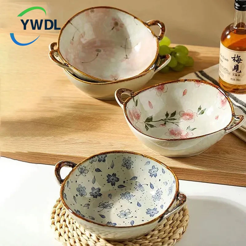 YWDL 700ml Ceramic Salad Bowl With Handle Kitchen Soup Noodle Bowl Fruit Plate Japanese Tableware Microwave Pan Dropshipping