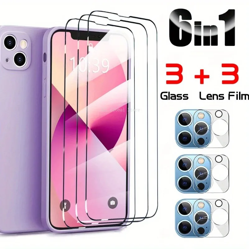 

Закаленное стекло 6 в 1 с полным покрытием для защиты объектива камеры, Защита экрана для iPhone 14 Pro Max, 13, 12 Mini, 11 Pro, 15 Plus