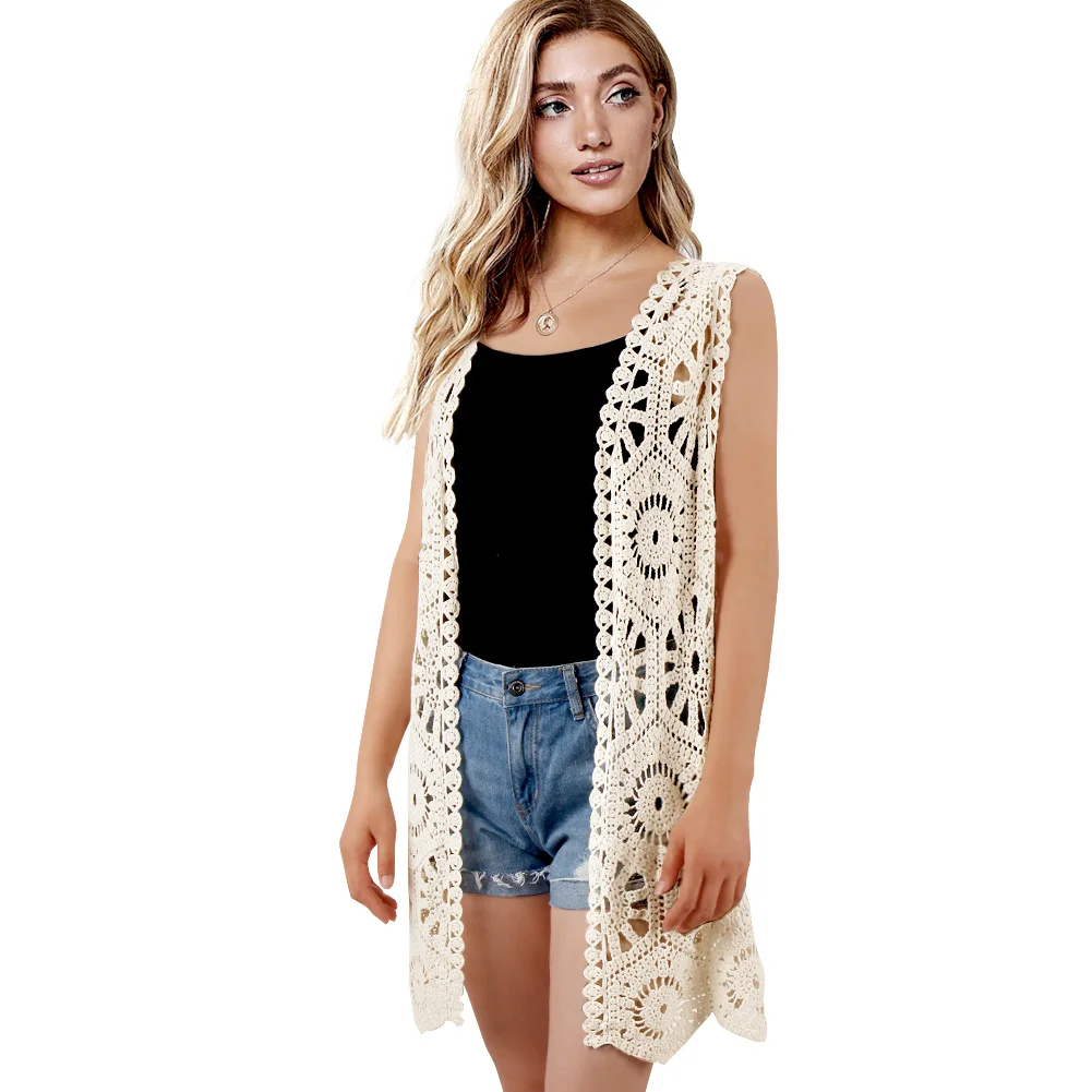 Womens Floral Crochet Lace Boho Trim Sleeveless Open Front Vest Cardigan White Beige women jacket