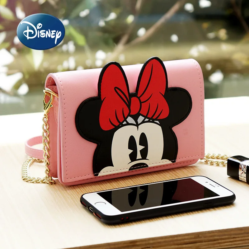 Disney Original Minnie Mouse Women's Mobile Phone Bag Luxury Brand Women's One Shoulder Oblique Bag Cartoon Cute Mini Handbag