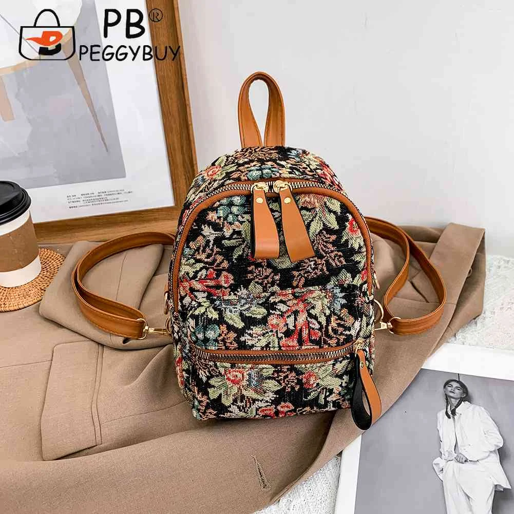 Fashion Women Flower Printing Canvas Backpack Preppy Style Casual Students  Small Handbags Mini Rucksack Knapsack for Travel