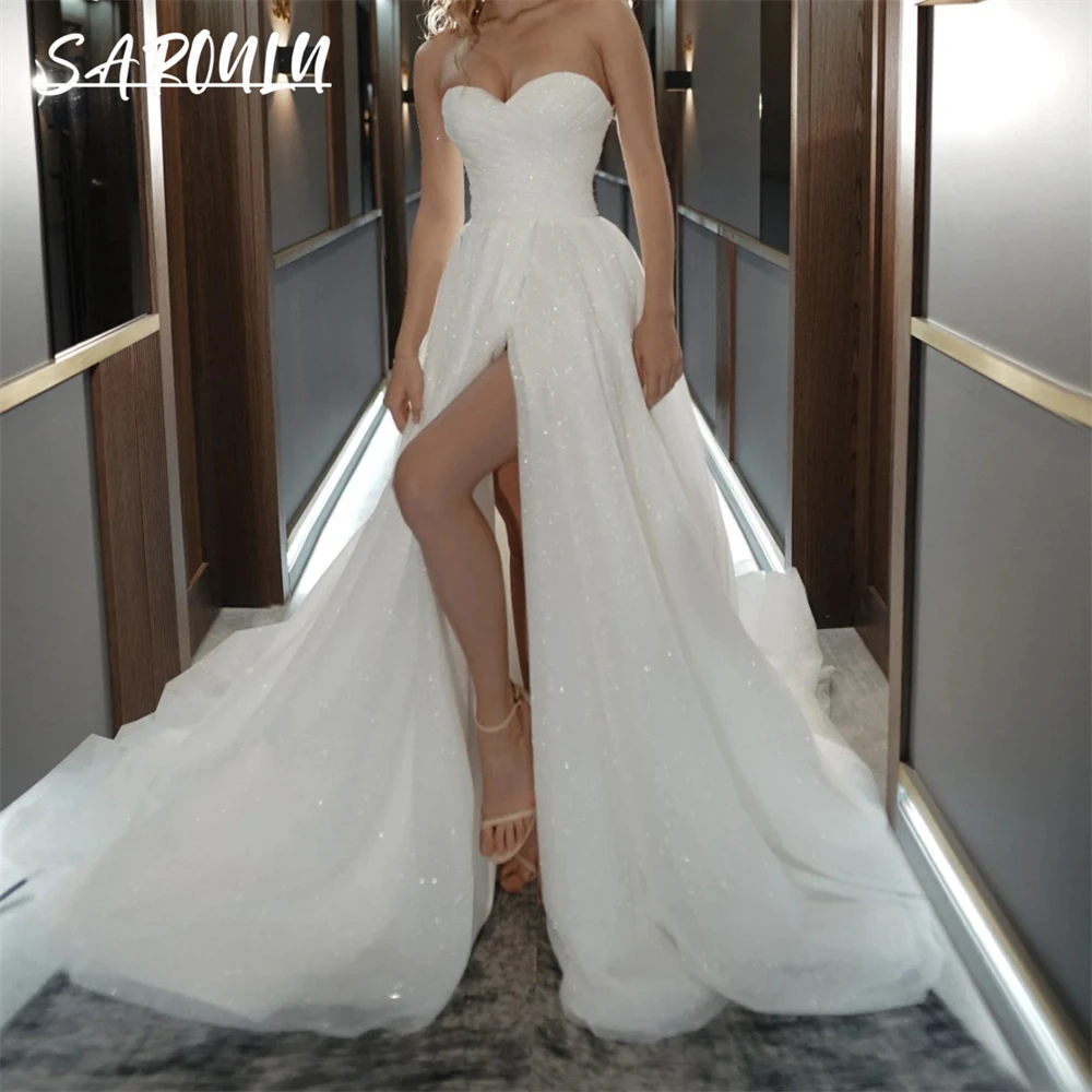 

A-line Shinny Slit Wedding Dress Pleated Sweetheart Bride Dresses Strapless Backless Wedding Gown Plus Size Custom Made Women