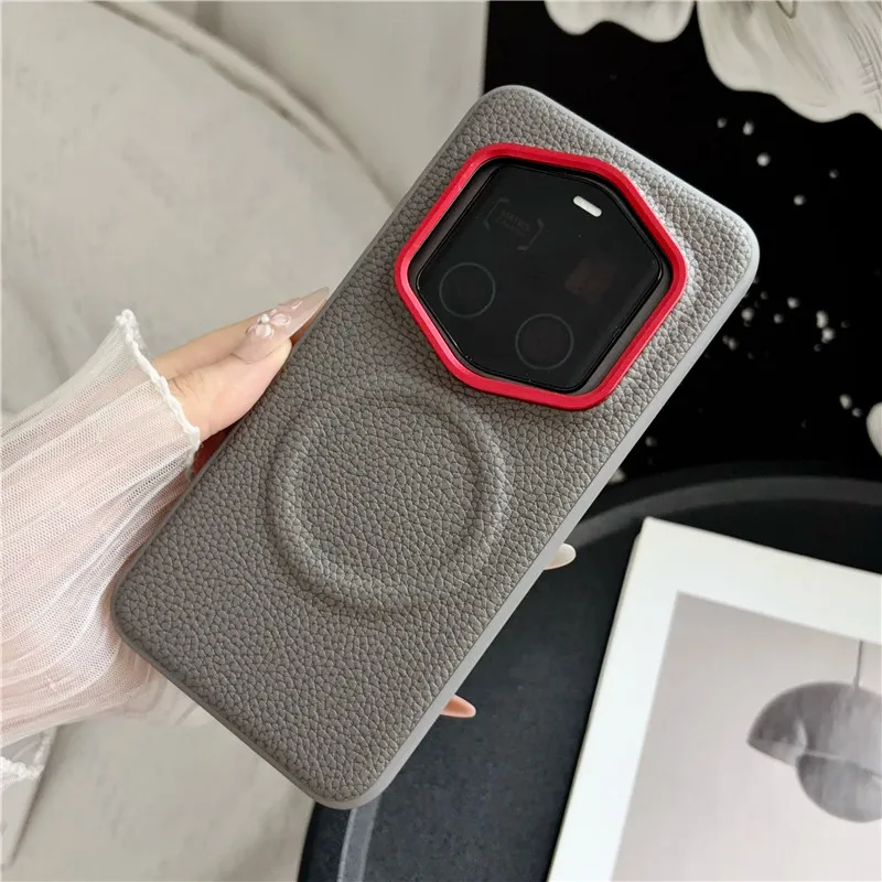Luxury Magnetic Lychee Pattern PU Leather Non-Slip Phone Case with Metal Camera Frame