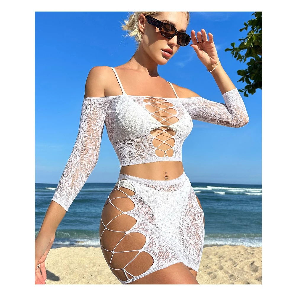 

Белая Соблазнительная Прозрачная облегающая пляжная сетка с открытыми плечами