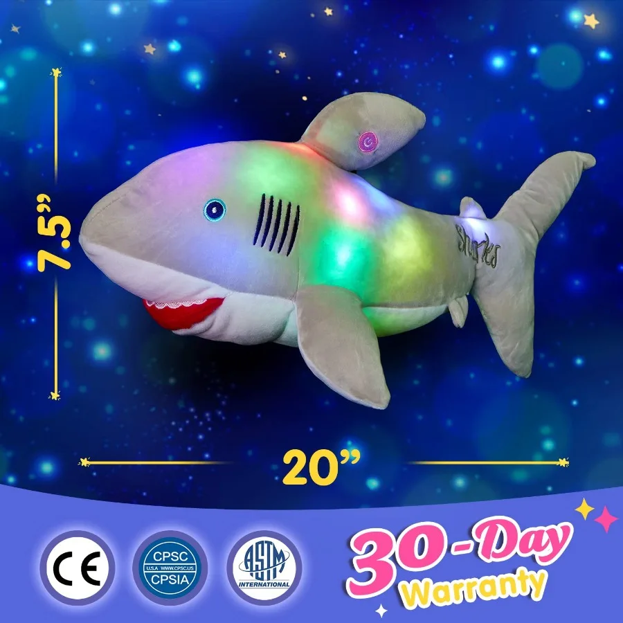 Light-up Shark Doll 55cm Plush Toys PP Cotton Sleeping Throw Pillows Soft Cute Stuffed Animals for Girls Glow Toy