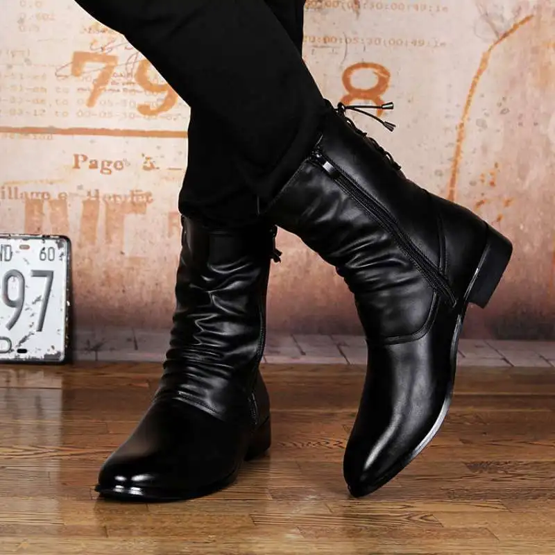 

mens leisure party banquet motorcycle boots black trend soft leather shoes handsome cowboy high boot long botas hombre chaussure