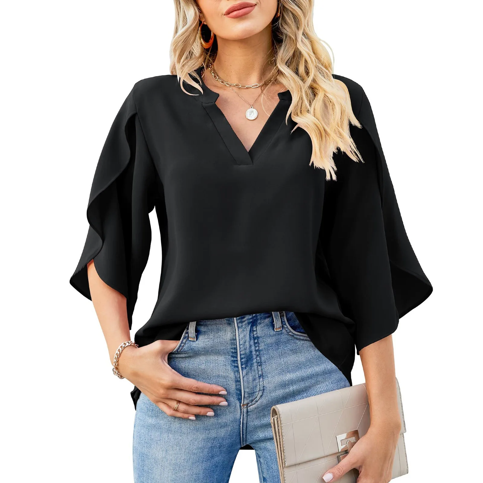 

2024 Spring/Summer Fashionable and Comfortable New Women's Top Loose V-neck Chiffon Solid Color Shirt