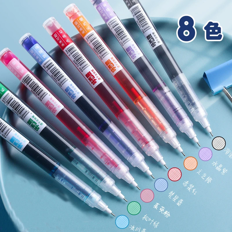 Haile-귀여운 젤 펜, 0.5mm 미세 펜촉, 대용량 잉크 스트레이트 액체 롤러 볼 젤 펜, 학교 문구 롤러 볼펜, 신상품, 8 개