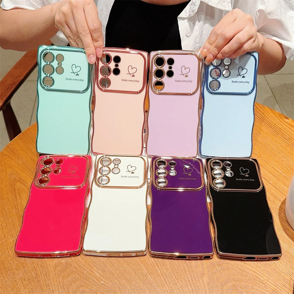 Luxury Plating Love Heart Wave Edge Big Window Phone Case Cover