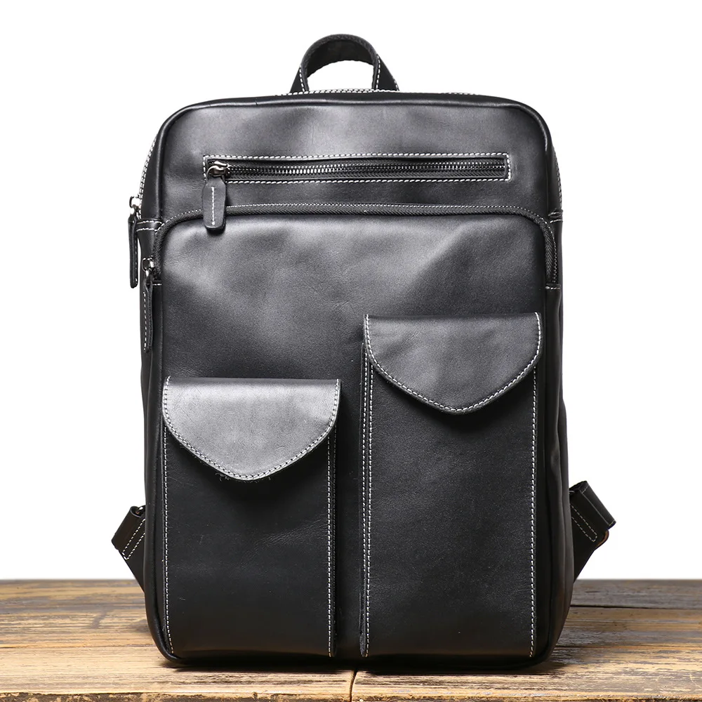 Men's Genuine Leather Backpack High-capacity Commuting Laptop Bag Cowhide Outdoor Travel Trendy Knapsack