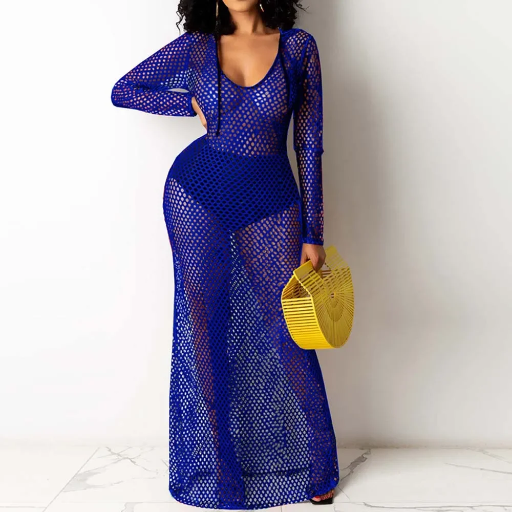 Sexy Fishnet See Through Beach Dress Women Mesh Hollow Out Beach Cover Up Long Sleeve Hooded Dress Seaside Lady Beach Vestidos
